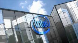 intel logo on a glass building